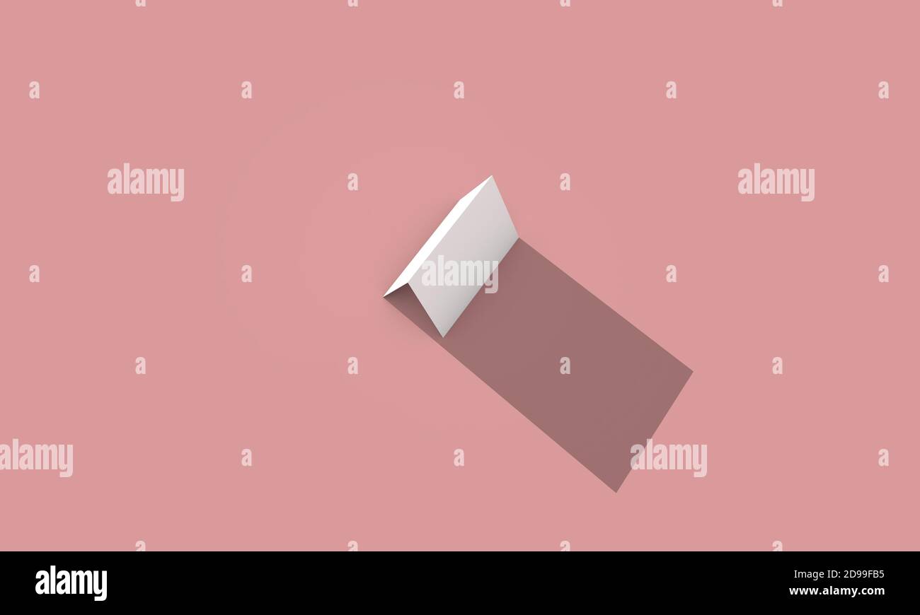 Ein weißes Papier gefaltet als Karte in 3d auf rosa Hintergrund erstellt. 3d-Darstellung der weißen Visitenkarte mit harter Beleuchtung. Stockfoto