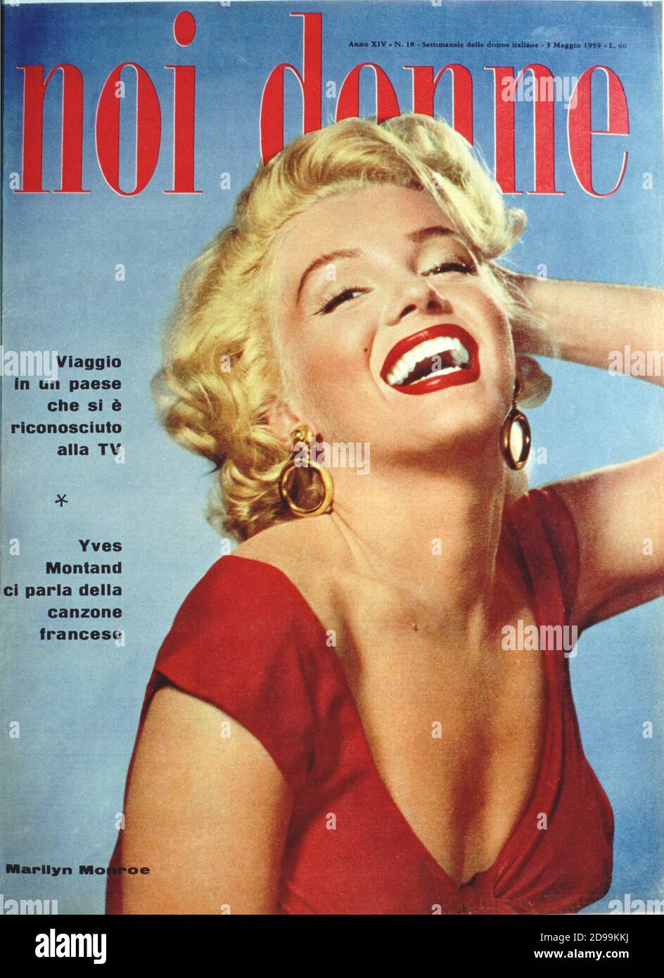 MARILYN MONROE Cover der italienischen Zeitschrift ' Noi Donne ' ( 3. Mai  1959 ) - Orecchini - Ohrring - Ohrringe - Vestio rosso - rotes Kleid -----  Archivio GBB Stockfotografie - Alamy