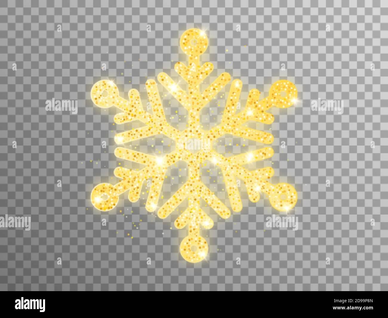 Goldene Schneeflocke auf transparentem Hintergrund. Weihnachtliche Schnee-Element mit goldenem Glitzer. Grußkartenvorlage. Luxuriöse glühende Flocke mit Pulver. Vektor Stock Vektor
