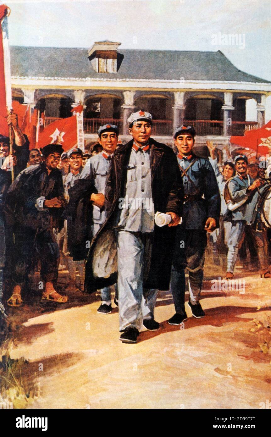 Ein populärer oleographischer Druck mit einem idialisierten Porträt des jungen chinesischen Politikers MAO TSE-TUNG ( 1893 - 1976 ) - POLITIK - POLITIK - socialismo - Sozialismus - COMUNISMO - COMUNISTA - Comunismus - Comunist - bandiera rossa - rote Flagge - oleografia - popolare - CINA - CHINA - Tse tung - TZE TUNG - TZE-TUNG ---- Archivio GBB Stockfoto