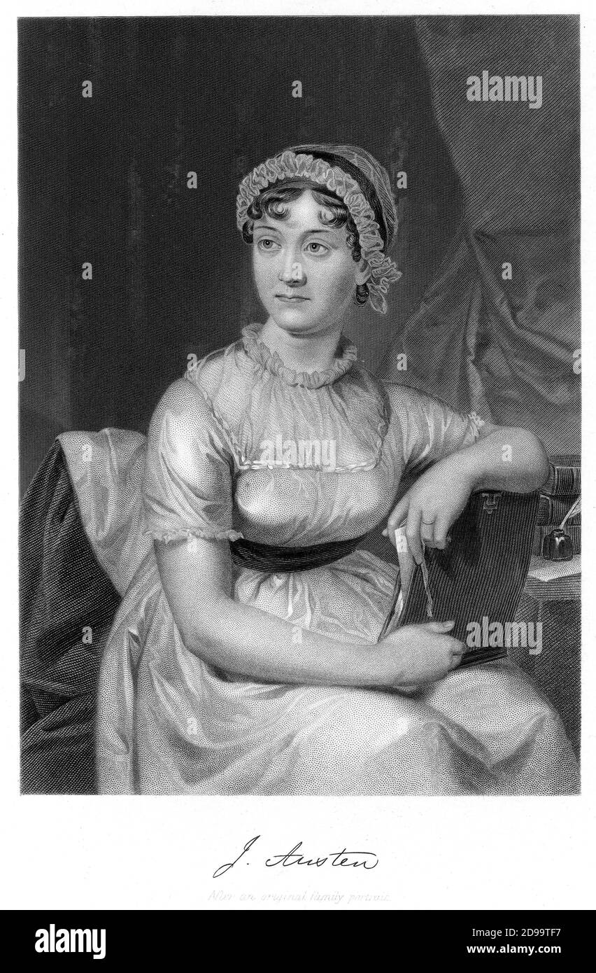 Die englische Schriftstellerin JANE AUSTEN ( 1775 - 1817 ) - SCRITTRICE - SCRITTORE - LETTERATURA - LITERATUR - Portrait envraving - ritratto incisione - libro - Buch - Unterschrift - Autografo - Firma - Manschette - Mütze - Hut - Dekolleté - Ausschnitt --- Archivio GBB Stockfoto