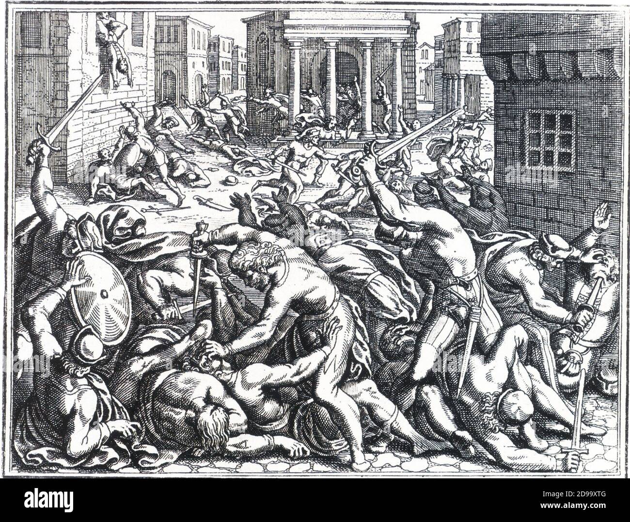 VESPRI SICILIANI , Stich von Matthäus Merian der Ältere , von Johann Ludwig Gottfried ' Historische Chronica ' ( Frankfurt am Main , 1630 ) - CARLO II d' Angiò - incisione - stampa - SYCILIAN VESPER - Syzilianer - SICILIA - massacro - carneficina - Massaker - Gemetzel - Gemetzel - battaglia - Schlacht - spada - Spaten - Schwert - Schwerter - delitto - delitti - omicidio - omicidi - omicidi - omicides - STORICHE ---- Archivio GBB Stockfoto