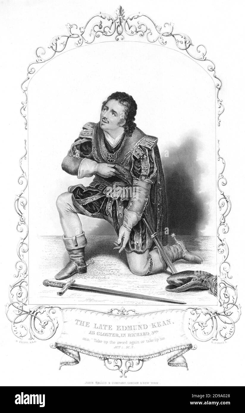 Der berühmteste große englische Schauspieler EDMUND KEAN ( 1787 - 1833 ) In der shakespeare-Rolle von Gloster in ' RICHARD III ' - TEATRO - THEATER - ritratto - incisione - Portrait - Gravur - William Shakespeare - cappa e spada - Schwert - Stivali - Stiefel - pizzetto - Baffi - Schnurrbart ---- Archivio GBB Stockfoto