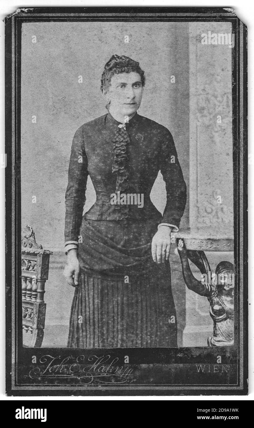 Vintage Foto zeigt Porträt reife Frau. Mode Prinzessin Linie . Ein Kleid ohne horizontale Taillennaht. Das Foto wurde in Österreich-Ungarn aufgenommen Stockfoto