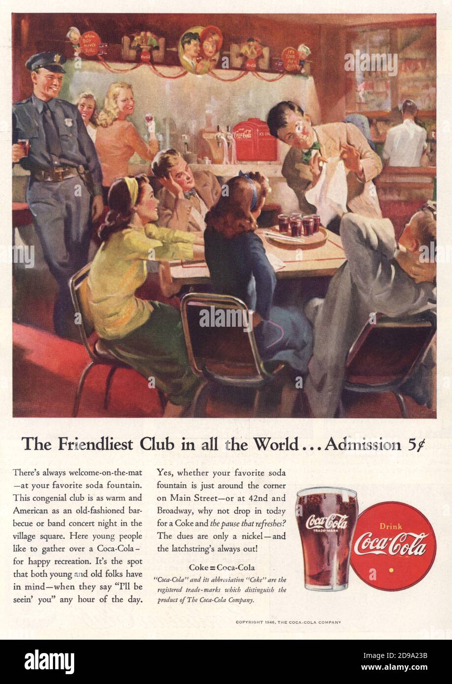 1946 , USA : Werbung für die amerikanische COCA COLA FIRMA Drink - COKE - INDUSTRY - bibite gassate - PUBBLICITA' - PUBBLICITY - ANNUNCIO PUBBLICITARIO - ANNI QUARANTA - '40 - 40s - Drougstore - Bar - Illustration - illustrazione ------- NICHT FÜR WERBEZWECKE ---- NON PER USO PUBBLICITARIO ---- NICHT FÜR GADGET ------ © Archivio GBB / Stockfoto