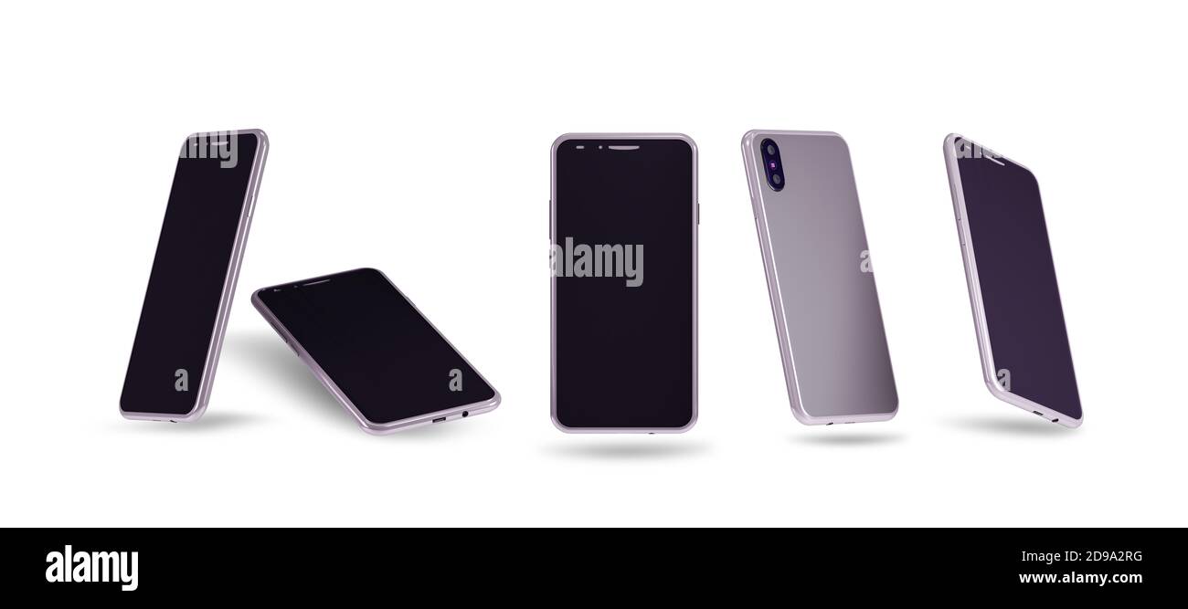 Set von 3d-Smartphones in verschiedenen Positionen isometrisch, frontal, Perspektive. Isoliert auf weißem Hintergrund. 3D-Mobiltelefon. Rendern. Elemente für d Stockfoto