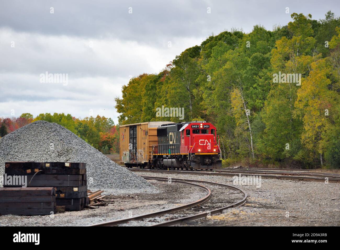 Forelle Lake, Michigan, USA. Eine Canadian National Railway Lokomotive, die Schaltzoll auf einem Wechselhof durchführt. Stockfoto