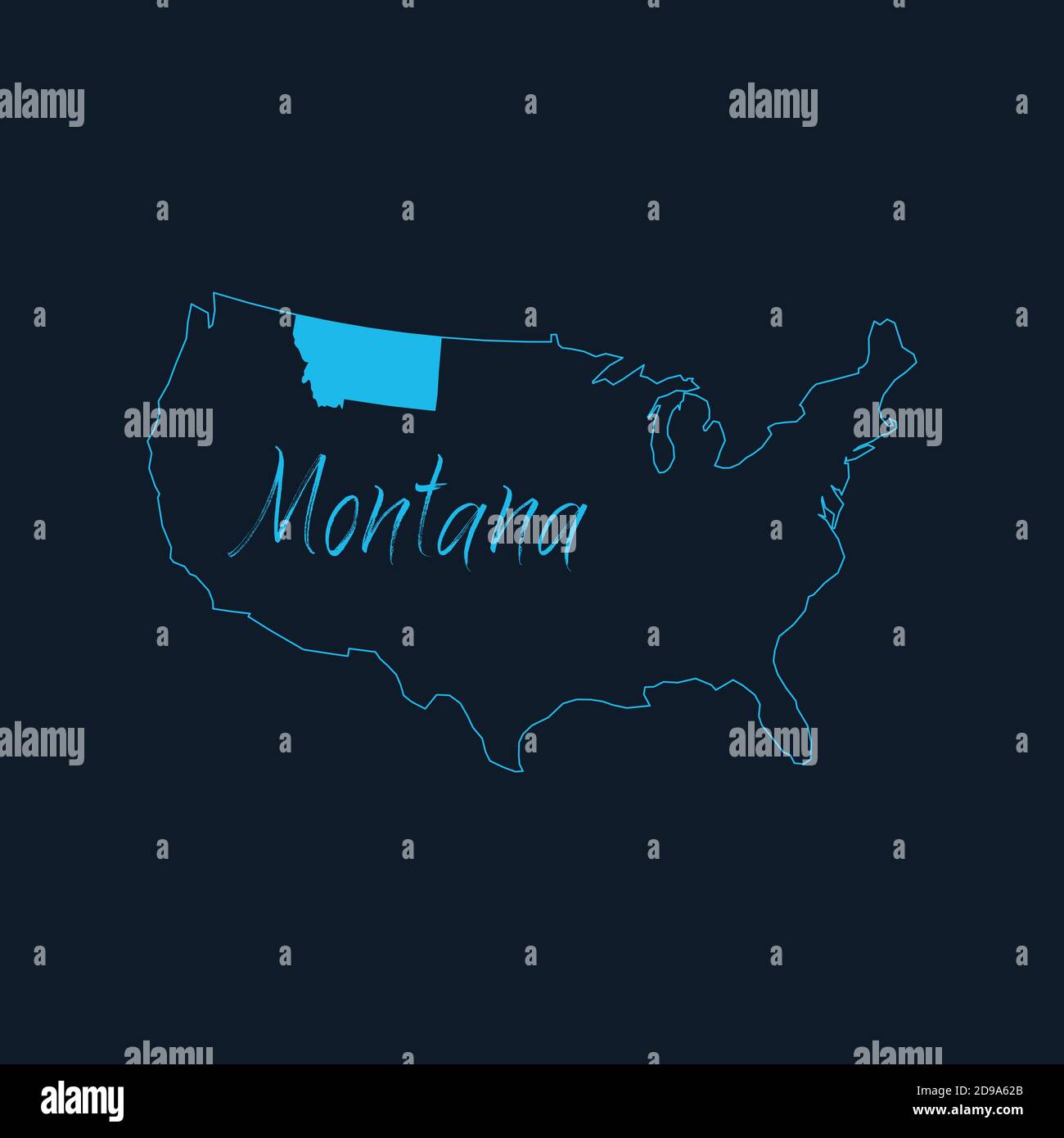 Staat Montana auf der Karte der Vereinigten Staaten von Amerika hervorgehoben , Vorlage für Infografiken der USA. Vektordarstellung auf blauem Hintergrund isoliert. Stock Vektor