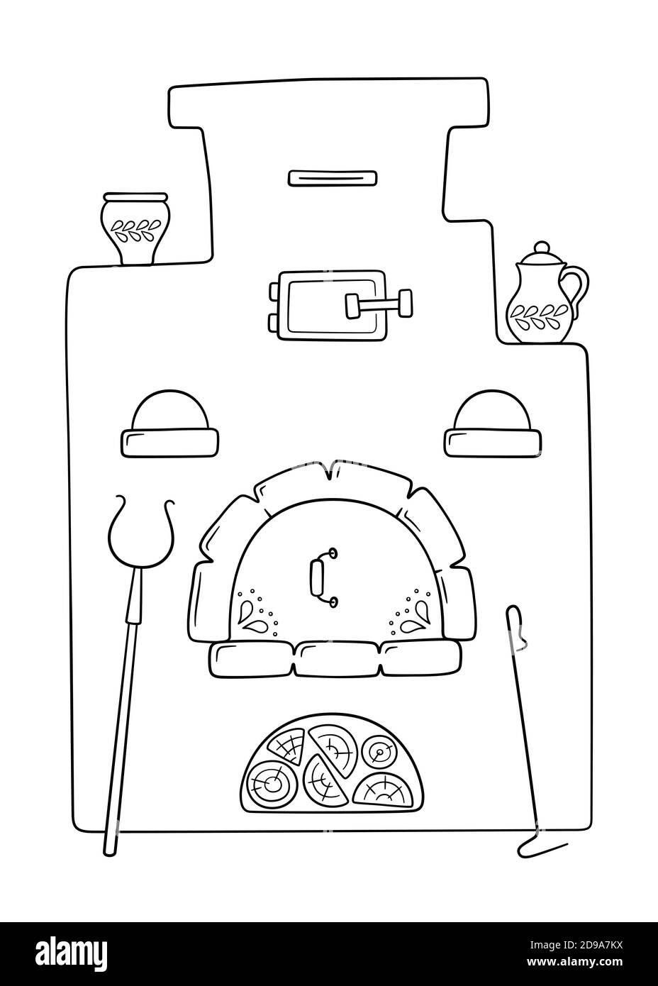 Handgezeichneter traditioneller russischer Ofen mit Griff, Töpfen, Poker und Brennholz. Vektorgrafik Stock Vektor