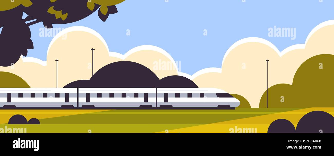 High-Speed-Zug Eisenbahn Produkt Warenversand Express-Lieferservice Konzept horizontale Landschaft Hintergrund Vektor-Illustration Stock Vektor