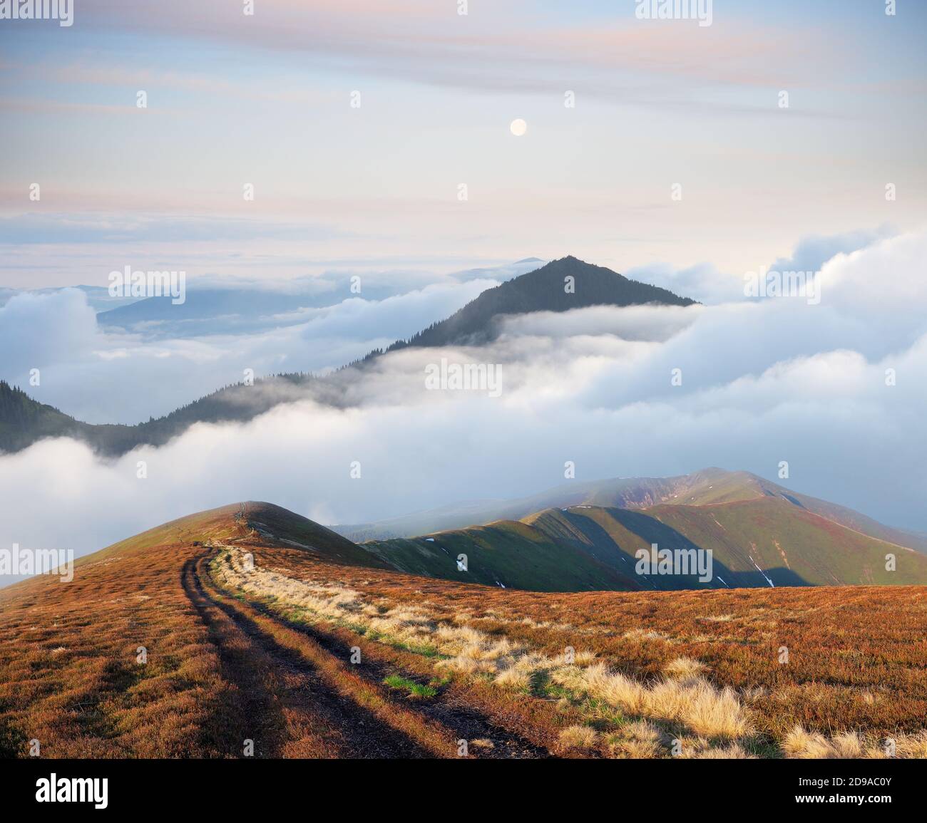 Berglandschaft mit einer Straße. Sonniger Herbsttag. Wunderschöner Nebel. Collage aus zwei Rahmen. Bildbearbeitung von Fotos Stockfoto