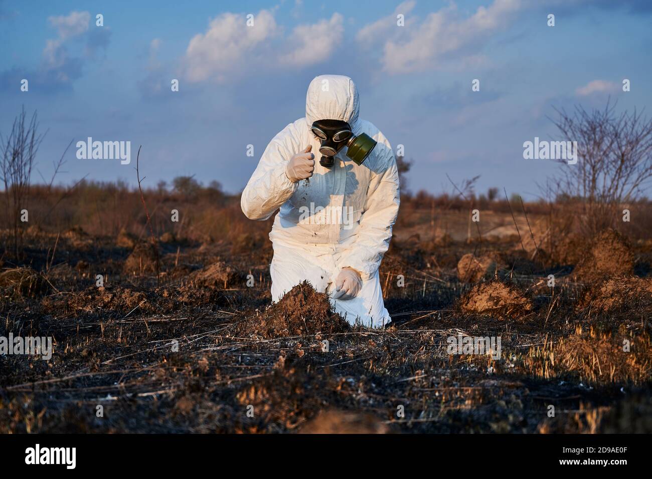 Männlicher Ökologe in Schutzanzug und Gasmaske Ausgießen Boden aus der Hand, während Forschungsarbeit auf verbranntem Feld, Analyse Zustand des Bodens. Konzept von Ökologie, Forschung und verbrannter Erde. Stockfoto