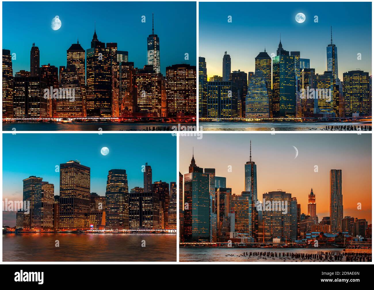 Manhattan bei Nacht mit Mond, Lichtern und Reflexionen. Skyline von New York City. Satz mit 4 Bildern Stockfoto