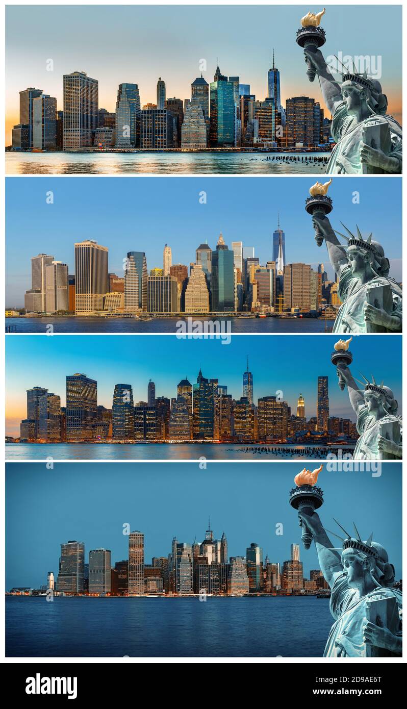 Symbole von New York. Manhattan Skyline und die Freiheitsstatue, New York City. Satz mit 4 Bildern Stockfoto