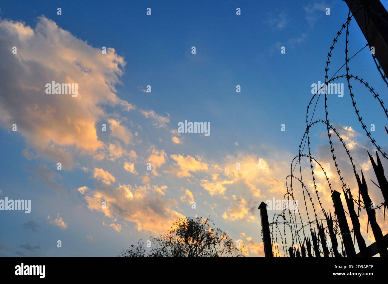 Eingezäunte Gemeinschaft mit elektrischem Stacheldraht und Rasierzaun gegen den Himmel, Pretoria, Südafrika eingeschlossen Stockfoto