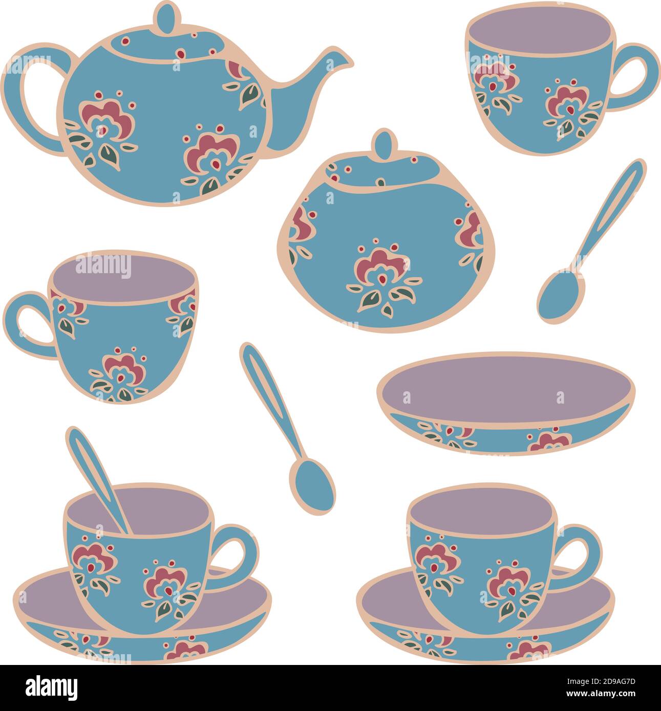 Vector Set von Geschirr für Tee-Trinken - Tassen, Tassen, Teekanne und Zucker Schüssel. Konzept für Teestube oder Café. Sammlung von klassischen Tassen für Tee. Stock Vektor
