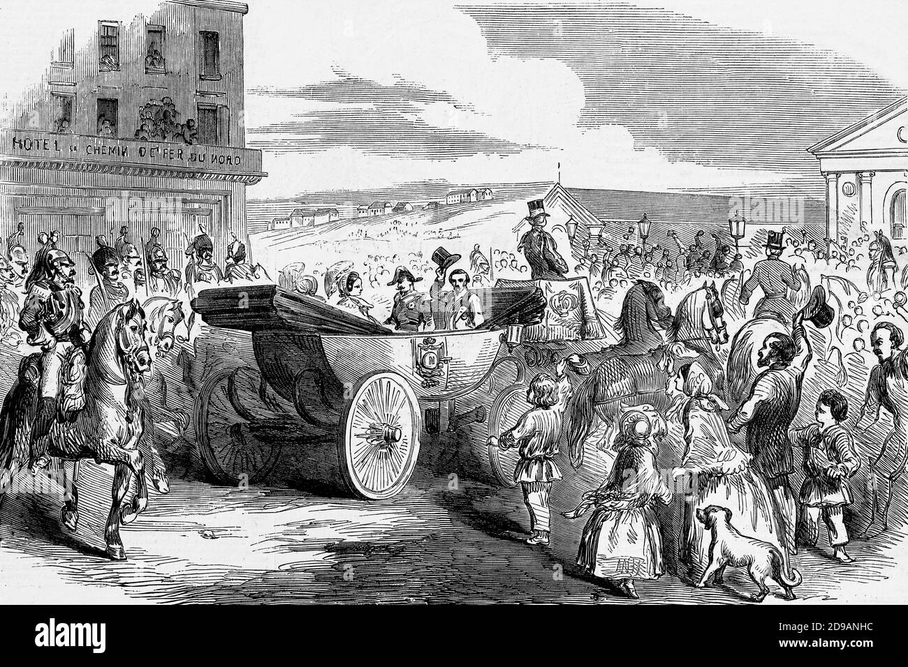 Besuch in England des Kaisers Napoleon und seiner Frau, Abreise aus Paris. 1855. Antike Illustration. 1867. Stockfoto