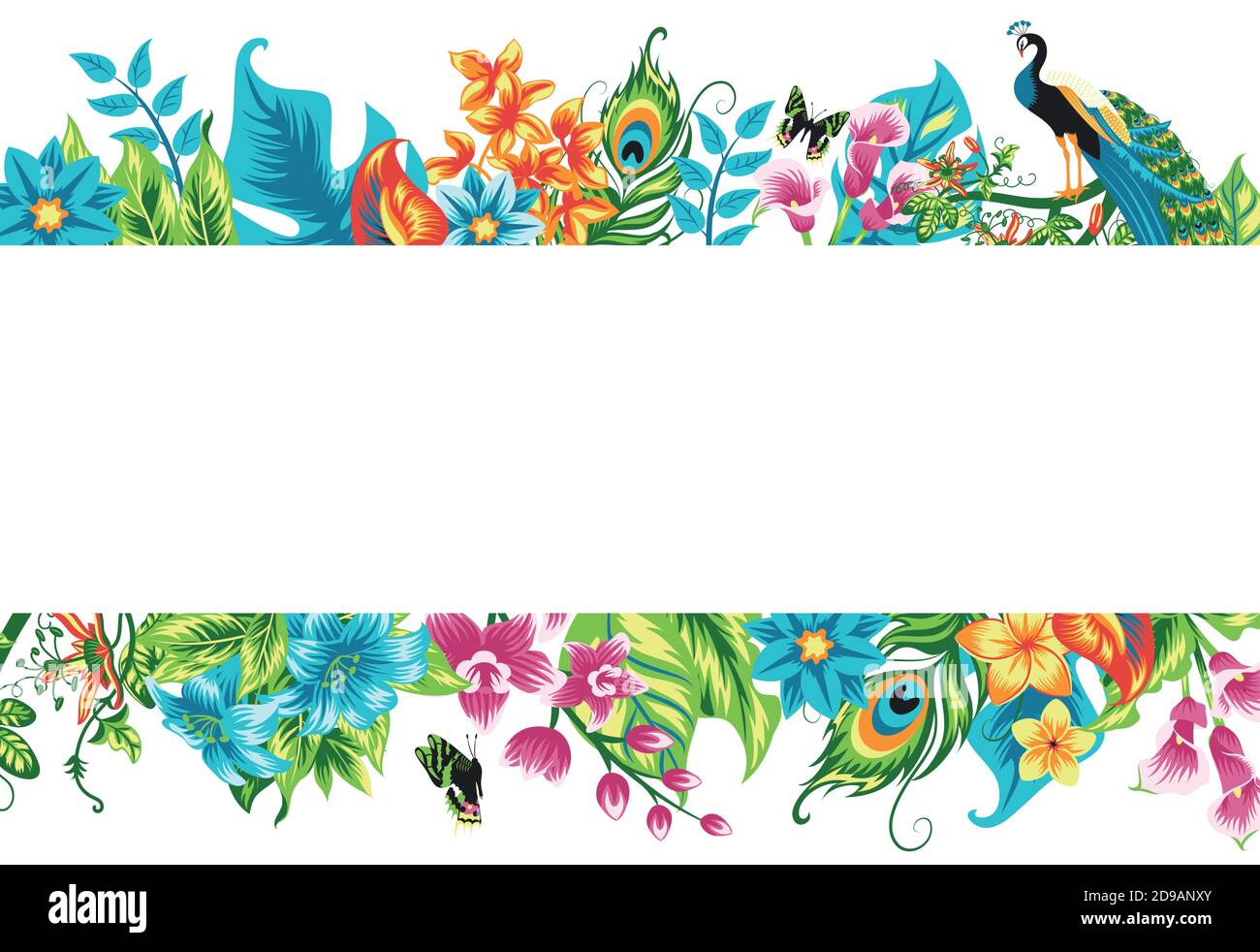Banner mit tropischen Blättern, Blumen und einem Vogel. Stock Vektor
