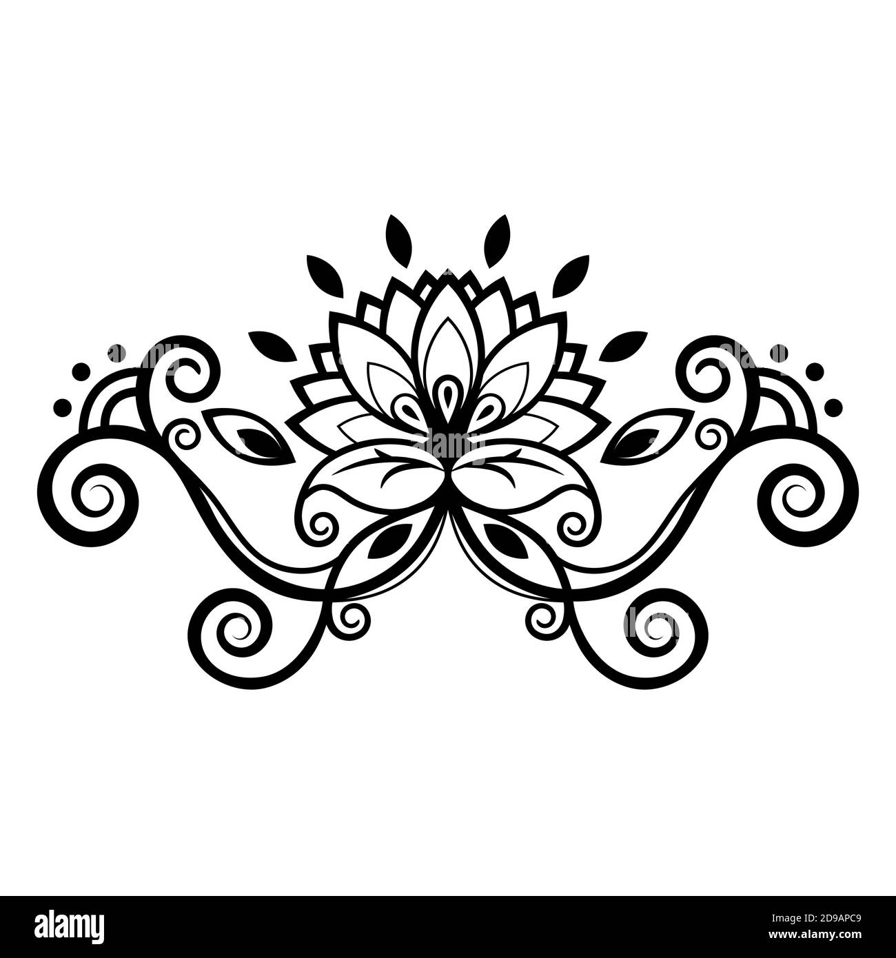 Abstraktes florales Ornament, ethnisches Muster, schwarz-weiße Zeichnung mit Locken, Spiralen, Blume, dekoratives Element, Druck, Tätowierung, Farbtracery Stock Vektor