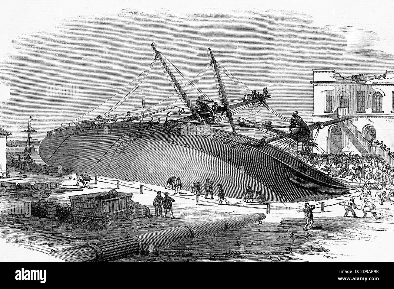 Unfall zu H.M.S. Beharrlichkeit in Woolwich Werft, London, England. 1855. Antike Illustration. 1867. Stockfoto