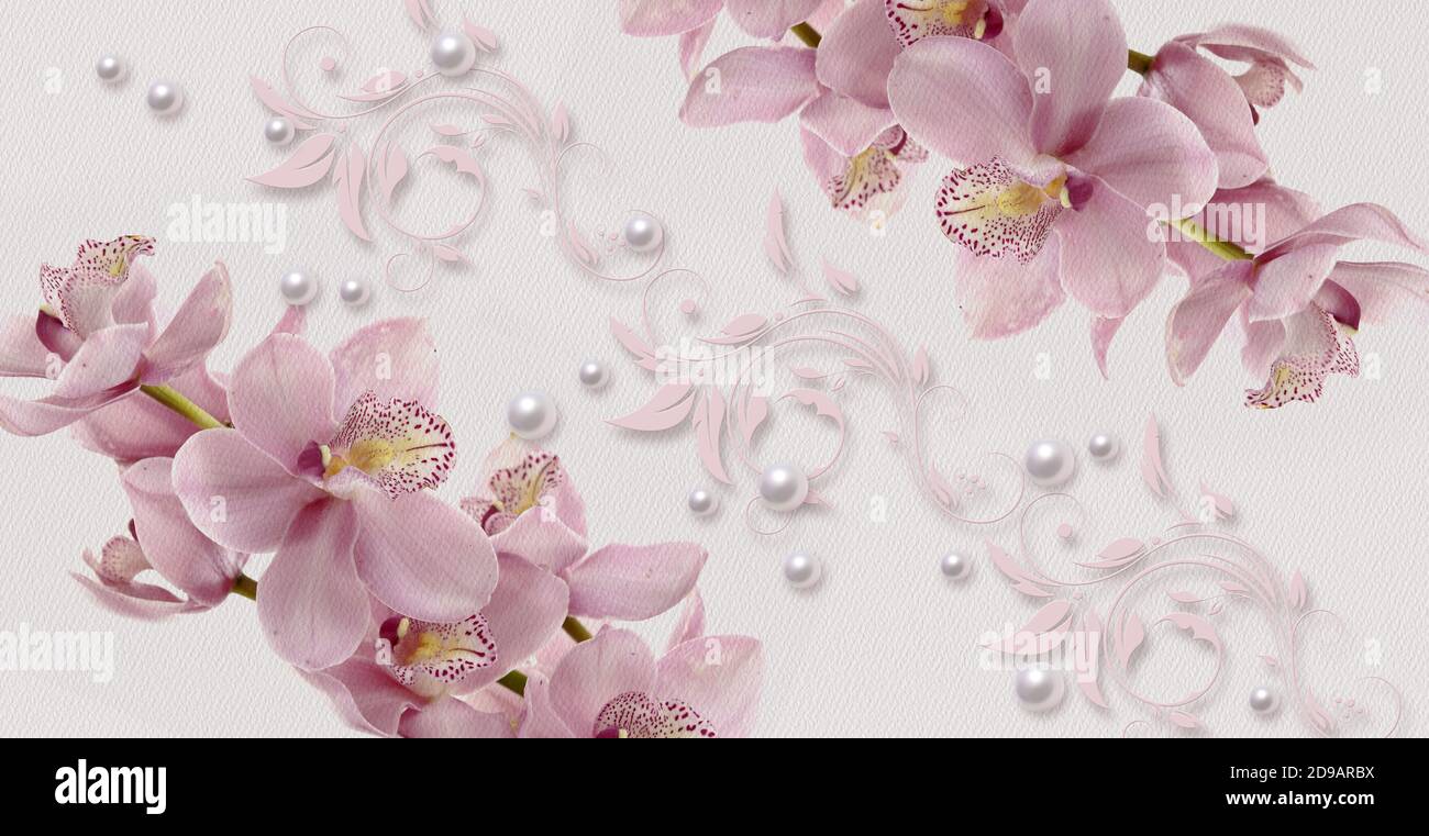 3d Tapetenstruktur, rosa Orchideen und Perlen auf Aquarellpapier, zartes Blumendesign Stockfoto