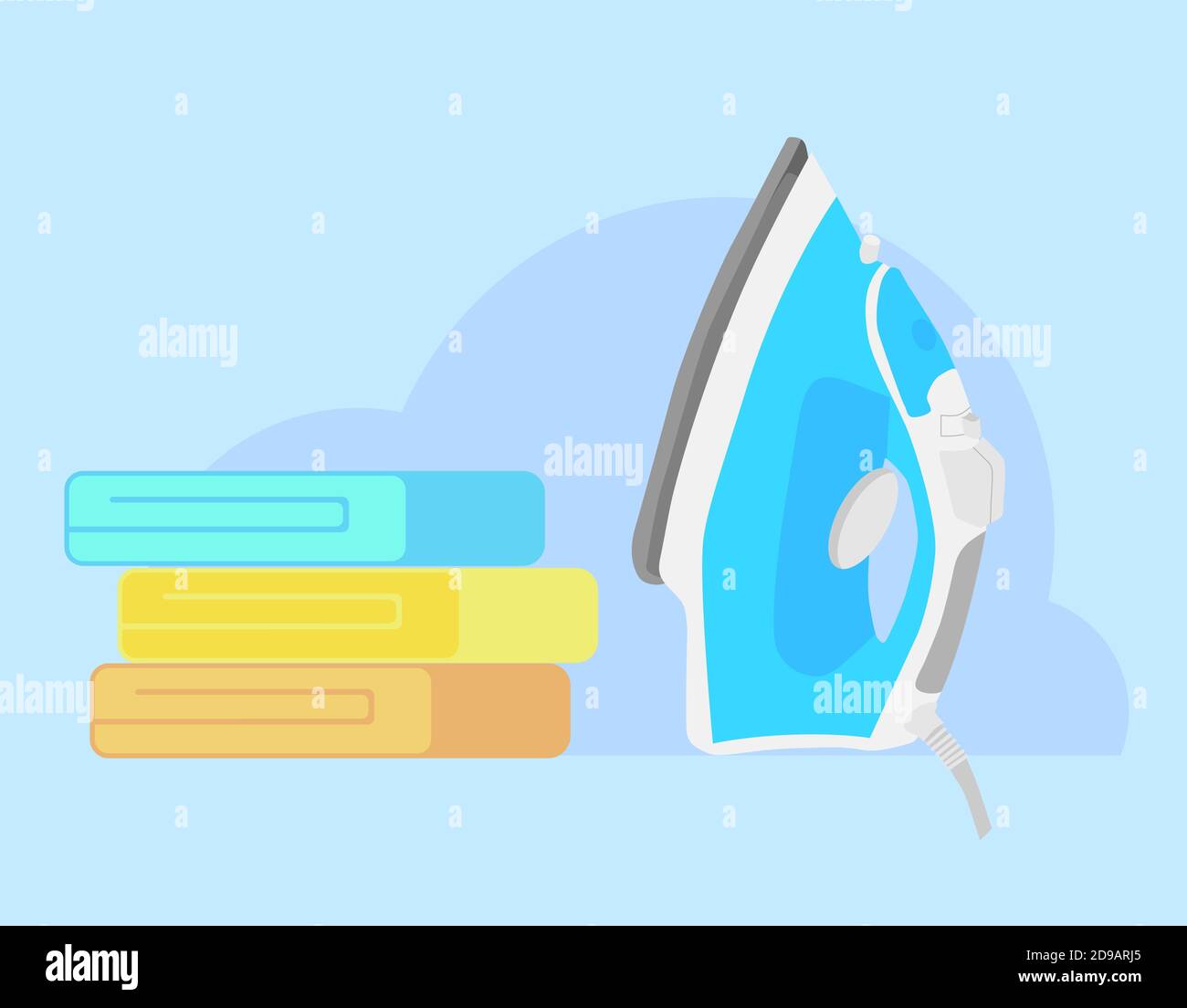 Bügeleisen und Bettwäsche. Bügelwäsche mit Dampfbügelstation. Funktionelles modernes elektrisches Eisen und Stapel von gefalteten Hemden und T-Shirts. Vektorgrafik Stock Vektor