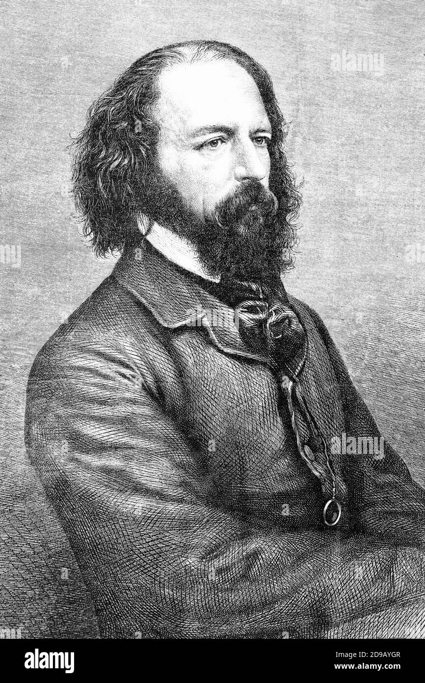 Alfred Lord Tennyson, Dichter-Preisträger des Vereinigten Königreichs. 1809-1892. Antike Illustration. 1867. Stockfoto