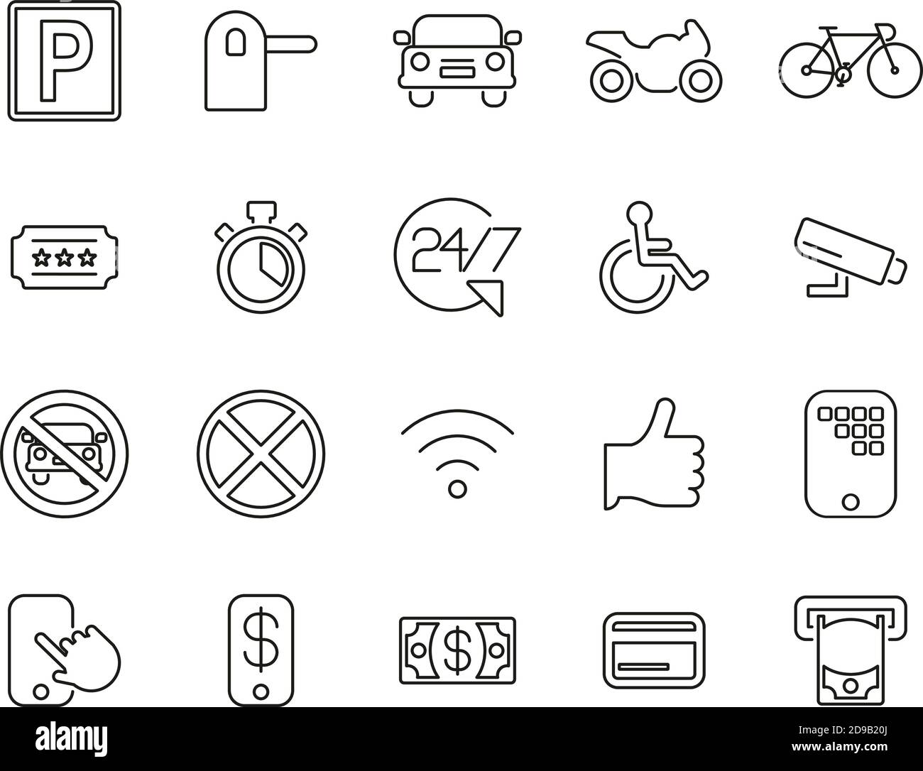 Parkplatz Oder Parkplatz Symbole Black & White Thin Line Groß Einstellen Stock Vektor