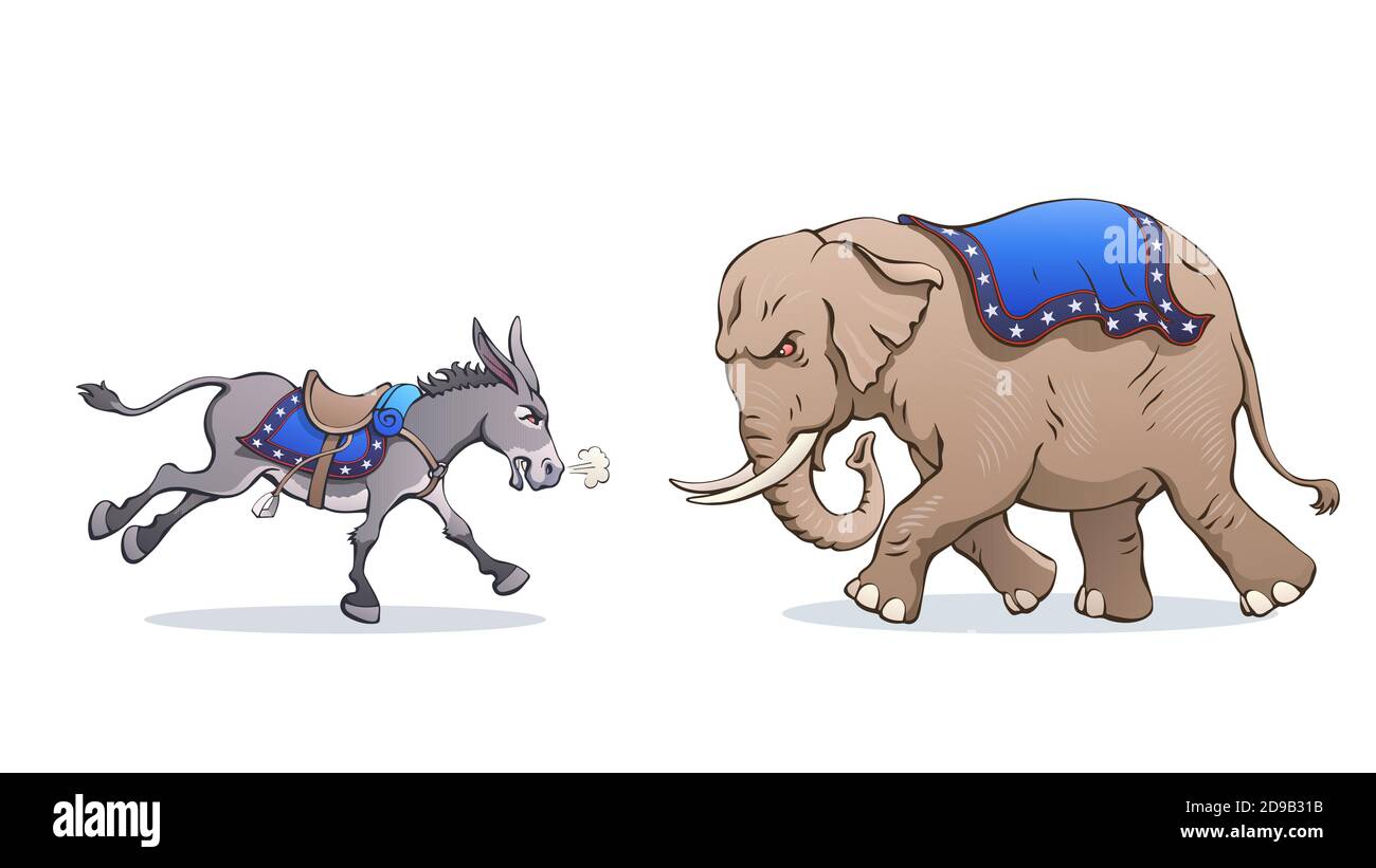 Esel und Elefant greifen einander an. Vektor politische Karikatur. Debatte zwischen Demokraten und Republikanern während der US-Wahl. Cartoon Maskottchen. Stock Vektor