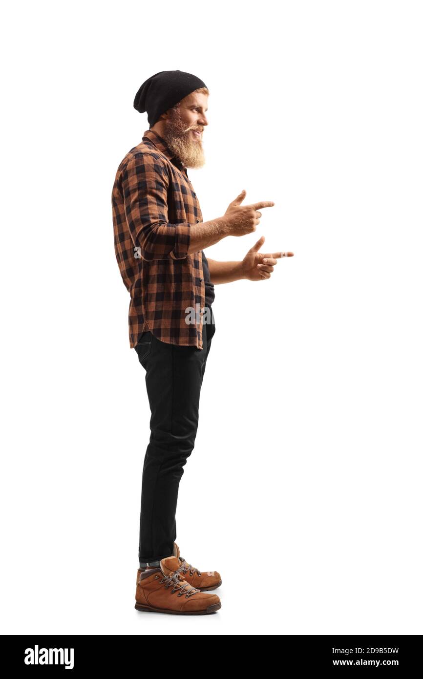 In voller Länge Profilaufnahme eines bärtigen Kerl stehend und Gestikulieren mit beiden Händen isoliert auf weißem Hintergrund Stockfoto