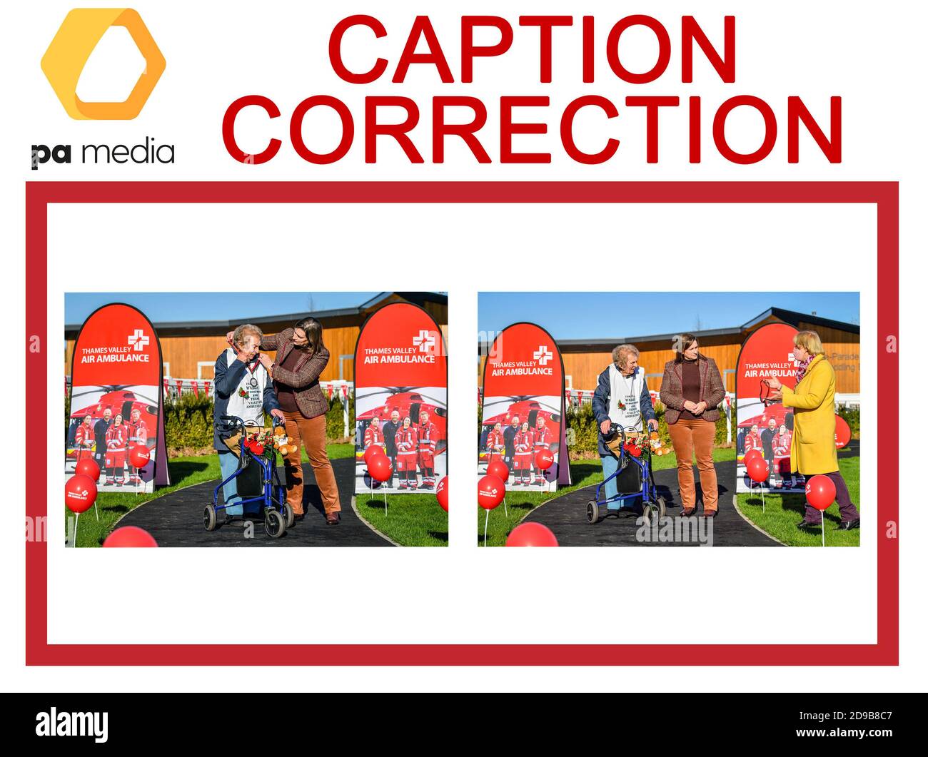 ACHTUNG BILDREDAKTEURE, CHIEF SUBS UND BILDLIBRARIANS: Bildunterschriftenkorrektur für diese Bilder auf der PA Wire früher heute träge CHARITY Marathon Änderung der Beziehung von Kate Saunders zu Ruth Saunders Enkelin übertragen. Korrigierte Versionen werden in Kürze erneut übertragen. Die richtige Beschriftung sollte lauten: Die 104-jährige Ruth Saunders wird von ihrer Enkelin Kate Saunders eine Medaille überreicht, als sie ihre Ziellinie auf der Newbury Racecourse in Berkshire überquert, um Geld für Thames Valley Air Ambulance zu sammeln. Ruth machte sich ursprünglich auf den Weg, 104 Runden ihres Blocks zu laufen, um ihrem Alter, einem dist, zu entsprechen Stockfoto