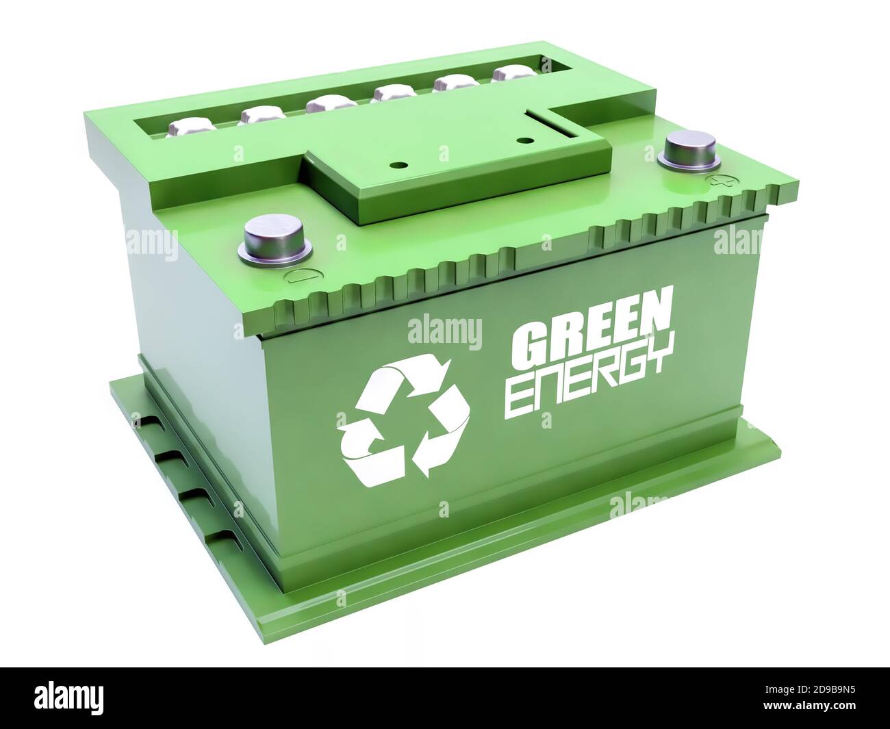 3D-Rendering der neuen Green Energy 12V Autobatterie auf Weißer Hintergrund Stockfoto