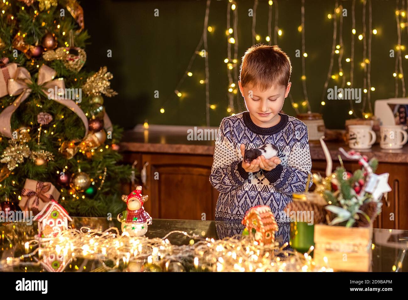Ein Junge sitzt an einem Tisch in einer dekorierten Weihnachtsküche. Hält ein Haustier Hamster oder Maus. Gemütliche Winterabende zu Hause. Konzept von Weihnachten und Neujahr Stockfoto