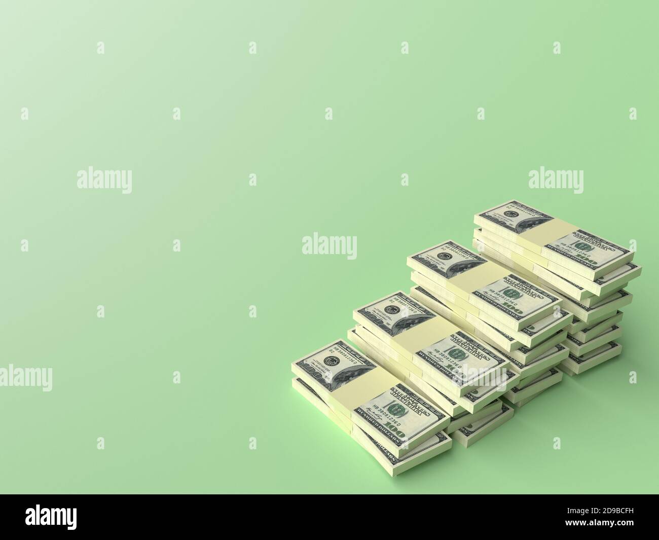 Große Geldstapel aus Dollar auf leerem grünen Hintergrund. Finanzkonzept Stockfoto