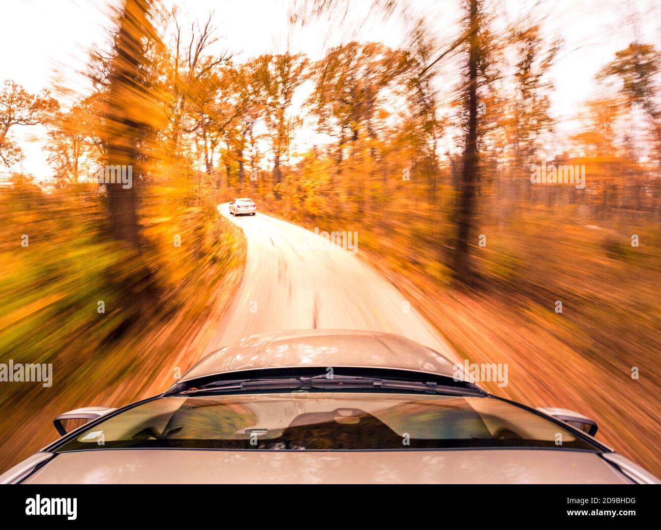 Speeding Car Fahren entlang einer Herbststraße, USA Stockfoto