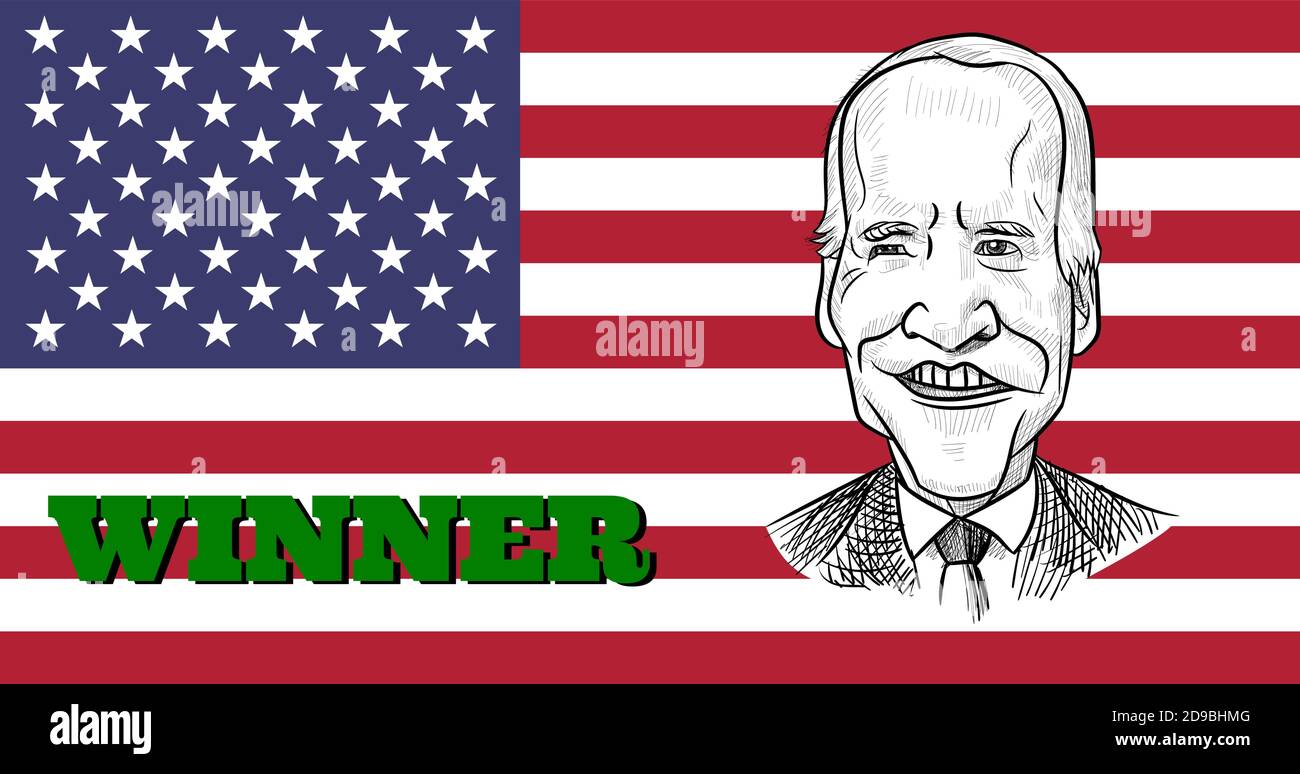 4. Nov 2020, Bangkok, Thailand: Karikaturenporträt des Demokraten Joe Biden, Gewinner der amerikanischen Präsidentschaftswahl 2020, auf US-Flagge. Stock Vektor