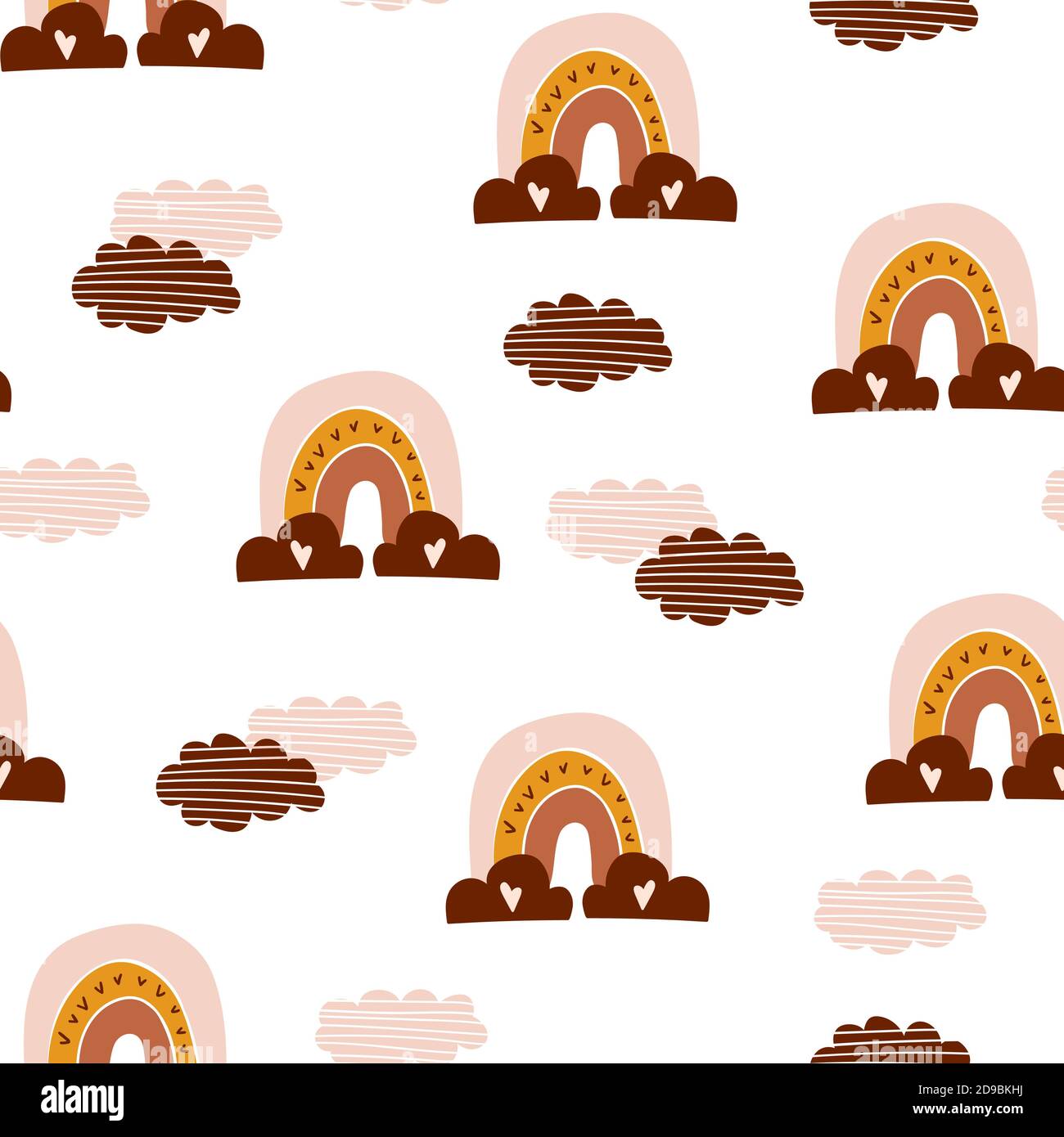 Nahtloses Muster mit von Hand gezeichneten Boho-Regenbögen und Wolken auf weißem Hintergrund. Vektorgrafik. Stock Vektor