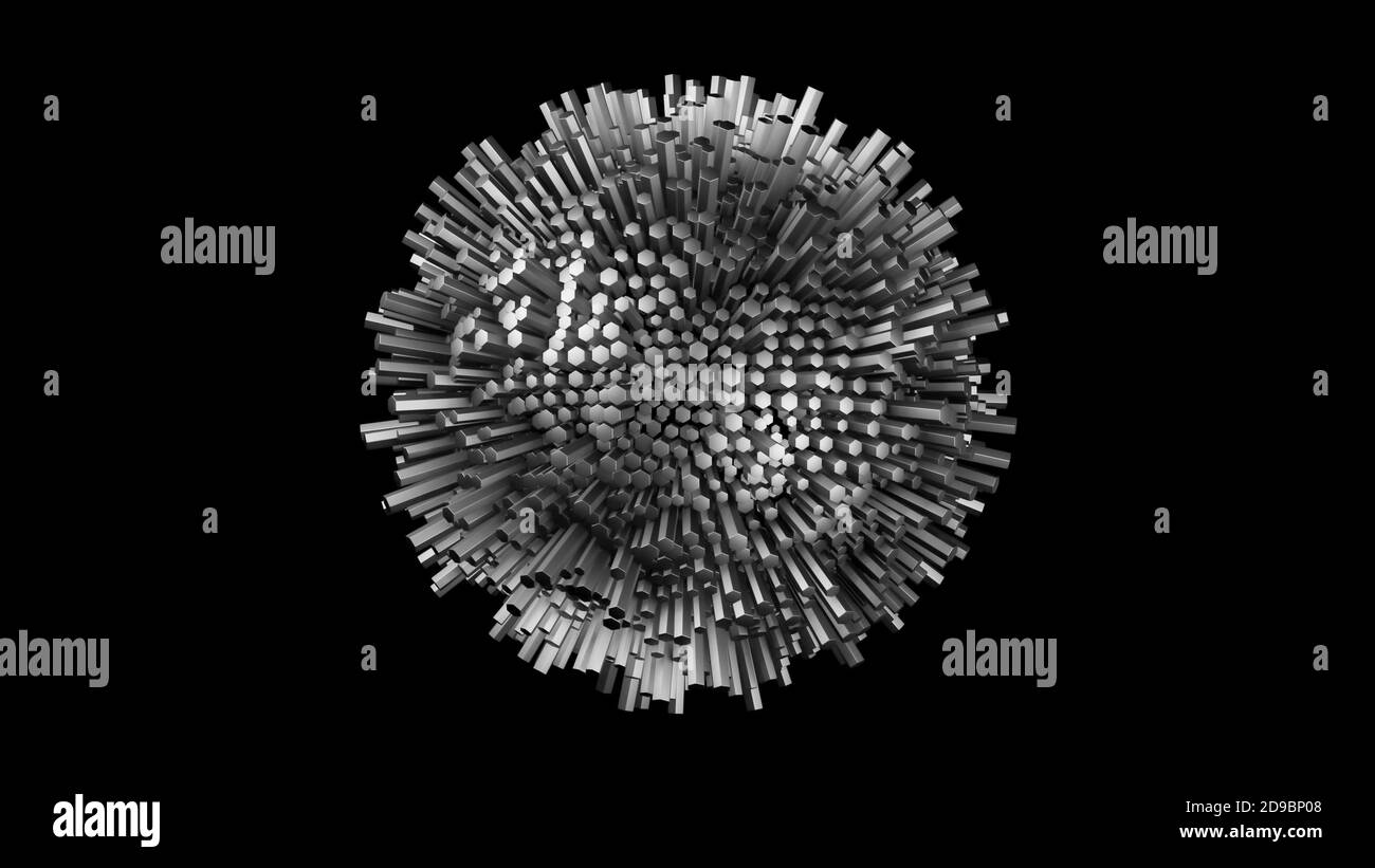 Abstrakter Hintergrund oder Tapete, Sechsecke, sphärisch hervorstehende sechseckige Rohre, runde Kugel oder Kugel, futuristischer Objekthintergrund, 3D-Illustration Stockfoto