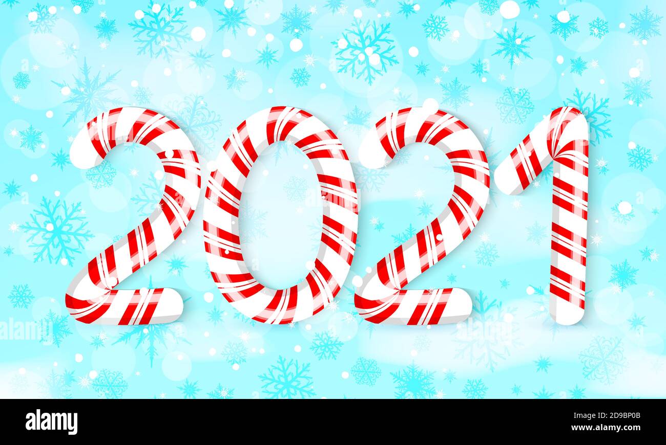 Frohe Weihnachten und ein glückliches neues Jahr mit 2021 in rot und weiß wirbeln Süßigkeiten Stil. Vektorgrafik Stock Vektor