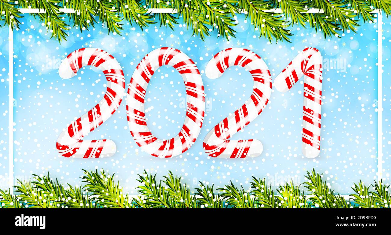 Frohe Weihnachten und ein glückliches neues Jahr mit 2021 in rot und weiß Wirbel Süßigkeiten Stil und immergrünen weihnachtsbaum Äste. Vektorgrafik Stock Vektor