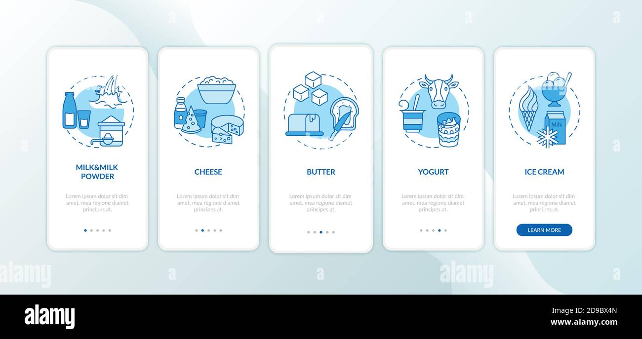 Milchprodukte Blue Onboarding mobile App Seite Bildschirm mit Konzepten Stock Vektor