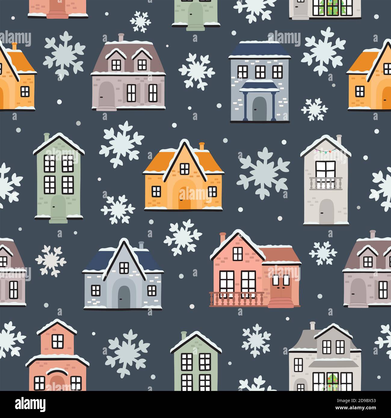 Nahtlose Vektor-Muster mit Winterhäusern und Schneeflocken Stock Vektor