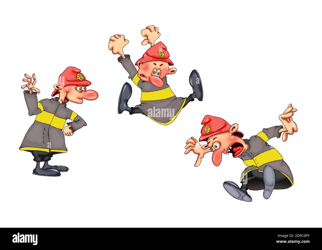 Feuerwehrleute in verschiedenen lustigen Posen. Abbildung auf weißem Hintergrund. Stockfoto