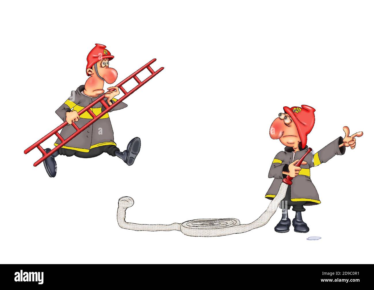 Löschkräfte löschen das Feuer. Abbildung auf weißem Hintergrund. Stockfoto