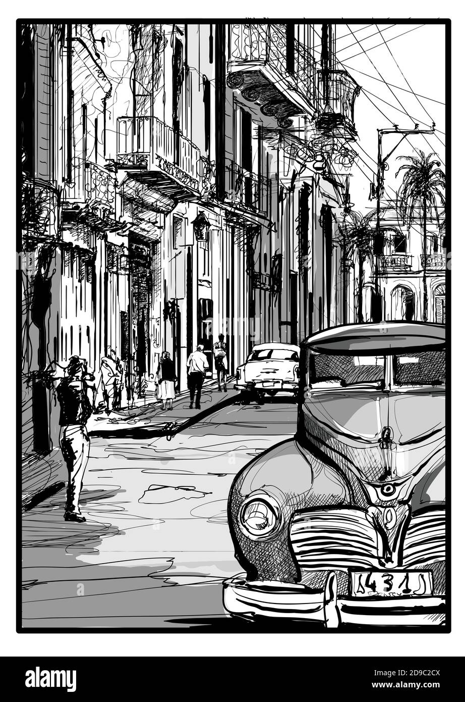 Oldtimer-Klassiker in einer Straße von Havanna, Kuba - Vektor-Illustration Stock Vektor