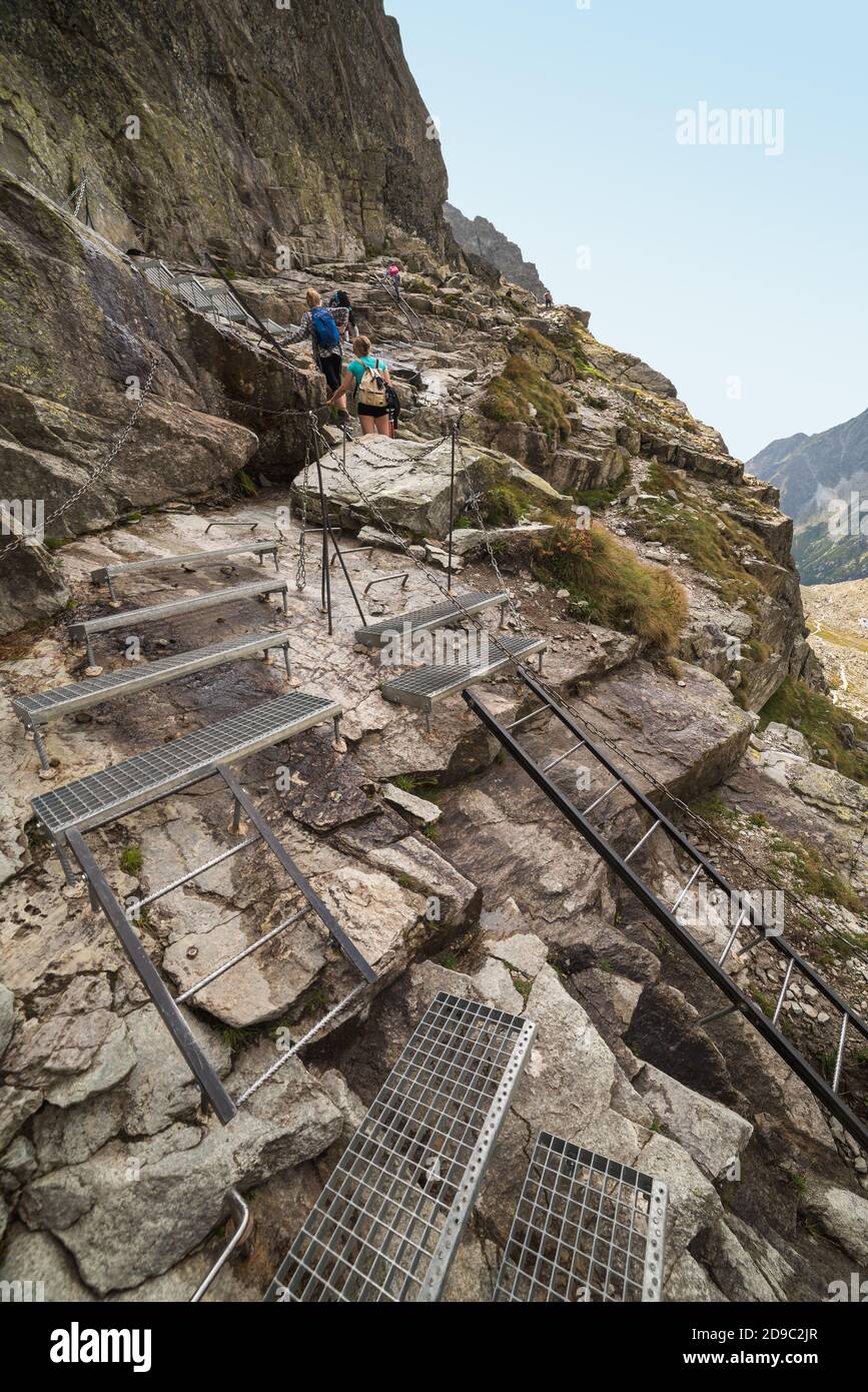 Touristen auf Metalltreppen, Leitern und Ketten auf dem Weg zum Rysy Peak, hohe Tatra, Slowakei. Stockfoto