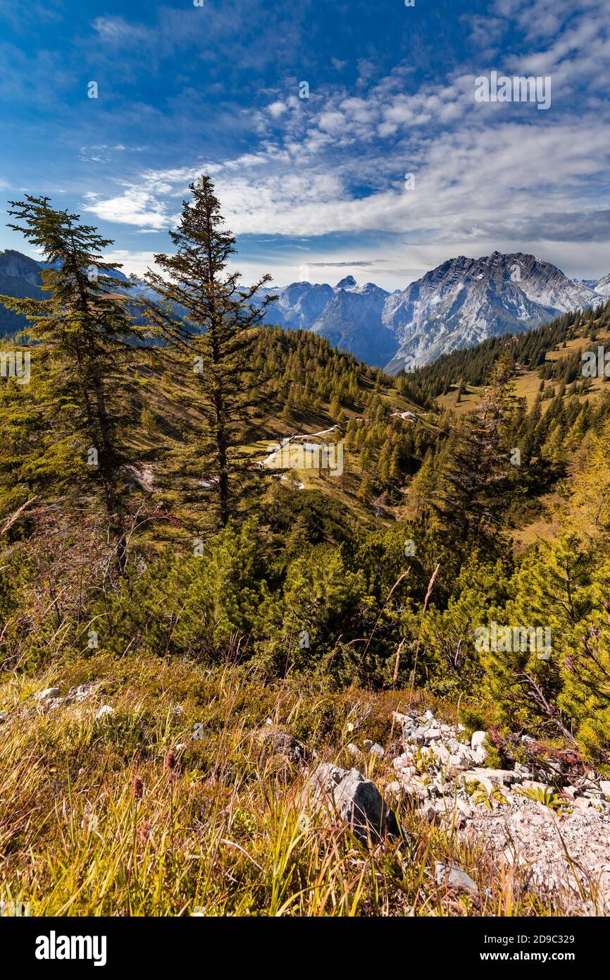 Blick vom Hagengebirge in Richtung Watzmann im Berchtesgadener Land, Bayern, Deutschland, im Herbst. Stockfoto