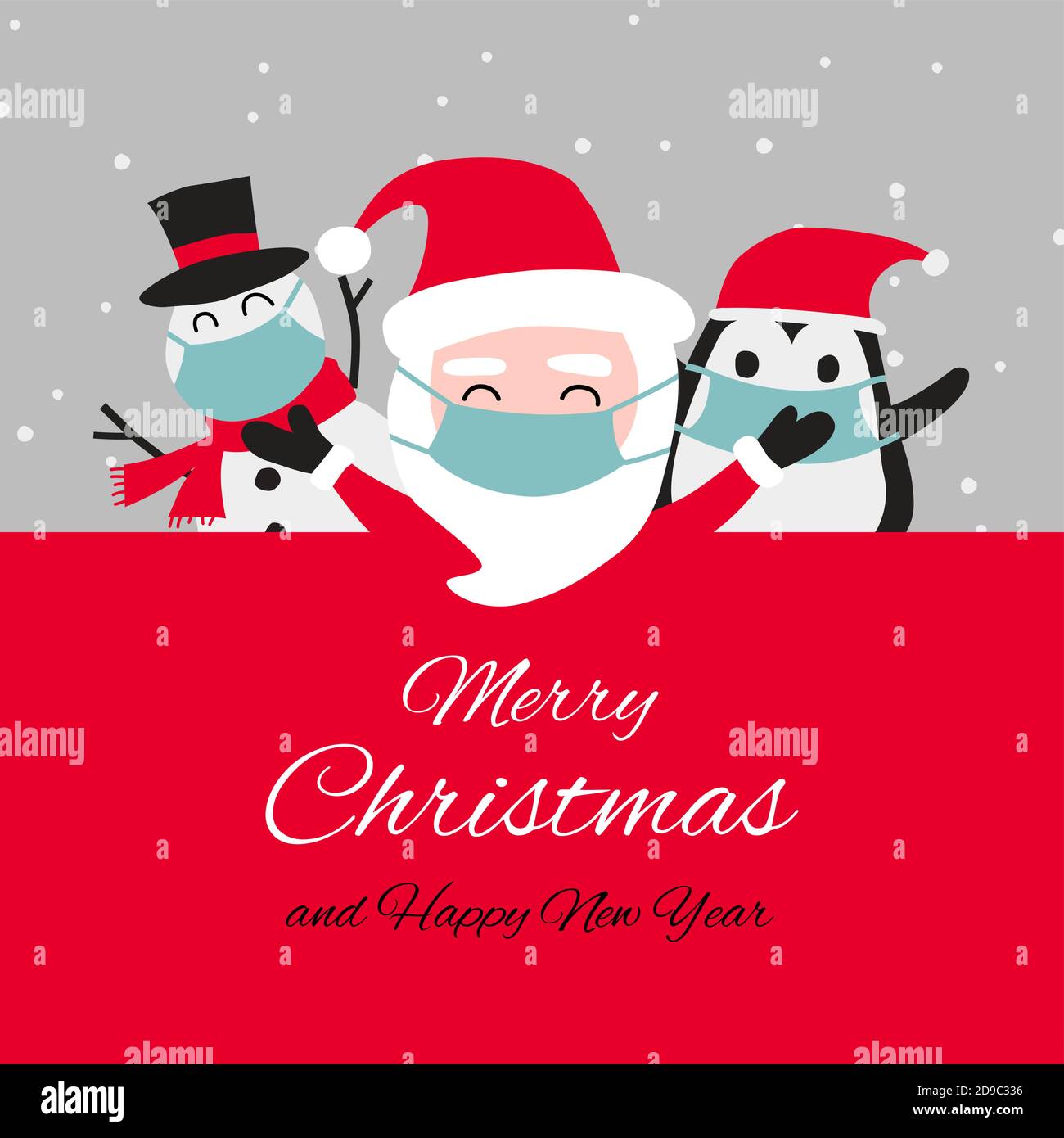 Schneemann Pinguin und santa cluas sind glücklich Emotion und tragen Masken mit Weihnachtseinladungskarte Design, Vektor-Illustration Stock Vektor