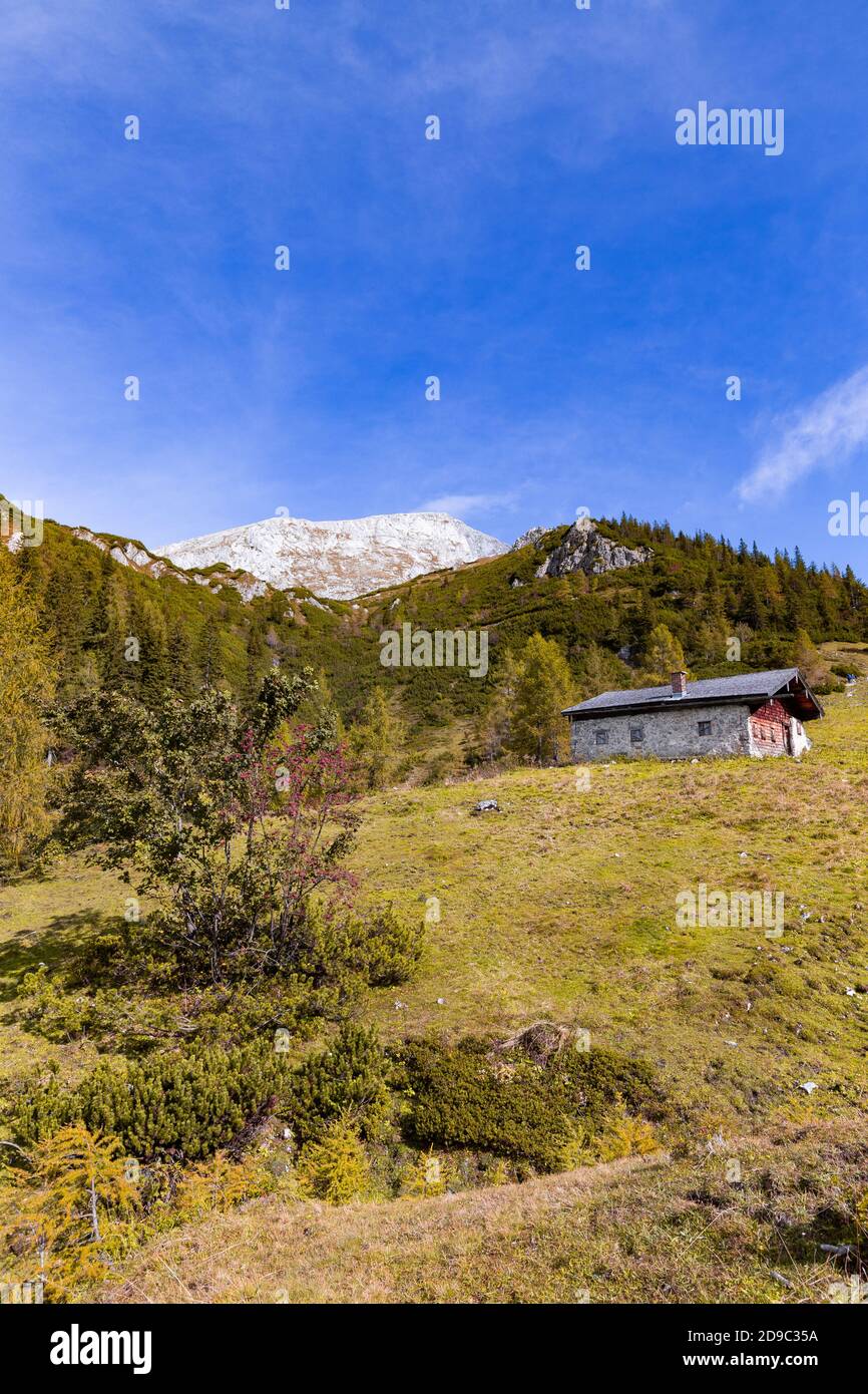 Almhütte vor hoher Göll im Berchtesgadener Land, Bayern, Deutschland, im Herbst. Stockfoto