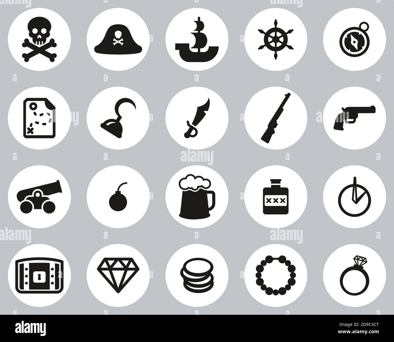 Pirate Icons Schwarz & Weiß Flat Design Kreis Set Groß Stock Vektor